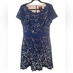 Focus by Shani Blue Laser Cut Short Sleeve Above Knee Fit & Flare Dress Size 8